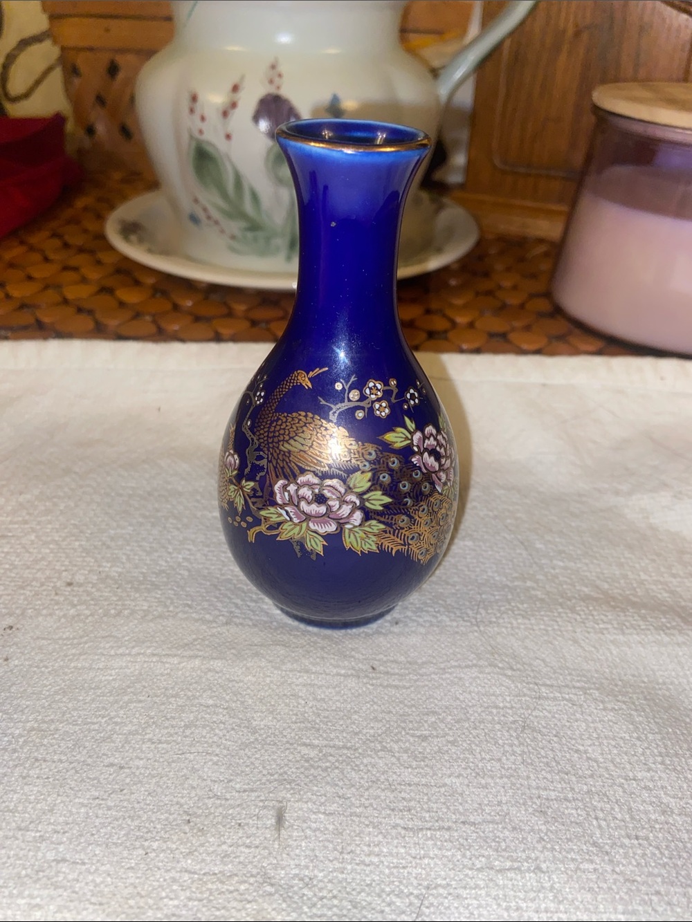 Decorative Navy Blue Peacock Mini Vase - Gold Accent
